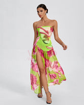 High Split Strapless Long Pucker Dress